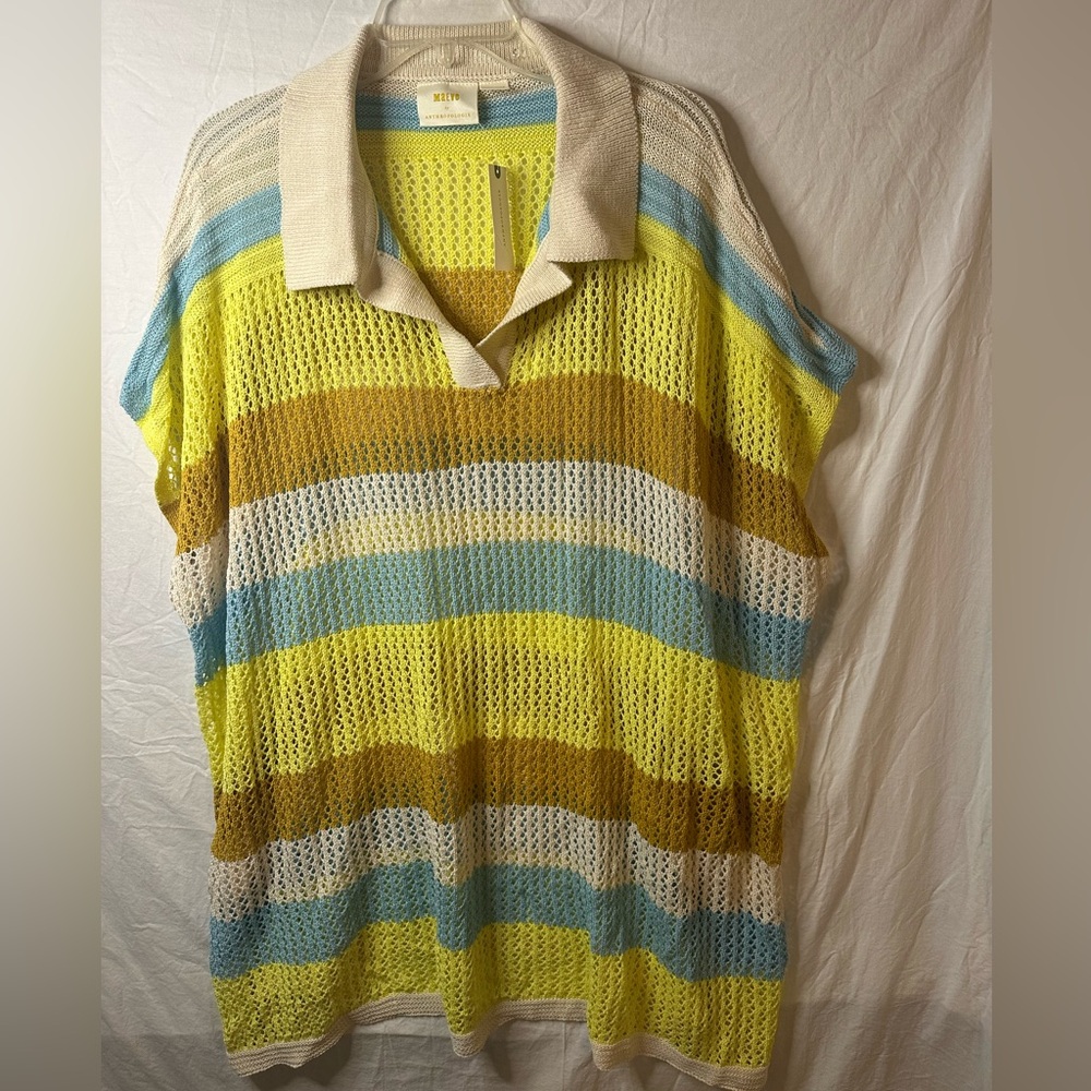 NWT Maeve Anthropologie Open Knit Polo Sweater One Size Striped Summer Layer